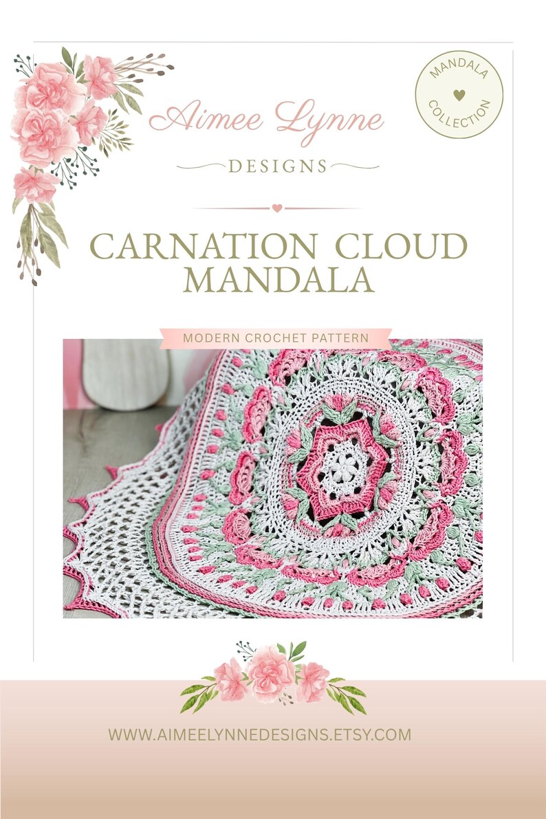 Pu&ograve; includere: Uno schema per uncinetto intitolato Carnation Cloud Mandala di Aimee Lynne Designs. L'immagine mostra un pezzo all'uncinetto circolare e complesso con filato rosa, bianco e verde salvia, con motivi floreali e un bordo delicato e traforato.