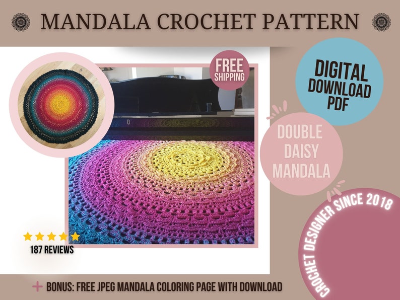 Rainbow Baby Crochet Pattern, Mandala Crochet Patterns, Double Daisy Mandala Blanket, Round Crochet Blanket Pattern image 3