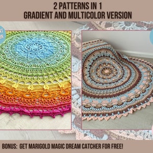 May include: Two crochet patterns in one: a rainbow gradient mandala and a multi-color mandala. Both patterns are 53 rounds and feature a detailed design.  "2 PATTERNS IN 1 GRADIENT AND MULTICOLOR VERSION" and "53 ROUNDS" are written on the image.