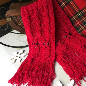 May include: A bright red crocheted scarf featuring a cable knit pattern and owl motifs with dark button eyes. The scarf has long, thick fringe at both ends and is constructed from yarn, showcasing a textured design with multiple owl figures.
