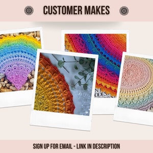 May include: Three colorful crochet mandala patterns in various color combinations, including rainbow, pink, and yellow. The mandalas are displayed in a collage of three instant photo frames.