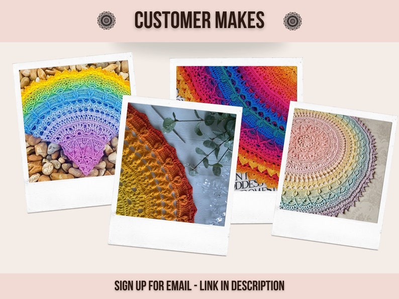 May include: Three colorful crochet mandala patterns in various color combinations, including rainbow, pink, and yellow. The mandalas are displayed in a collage of three instant photo frames.