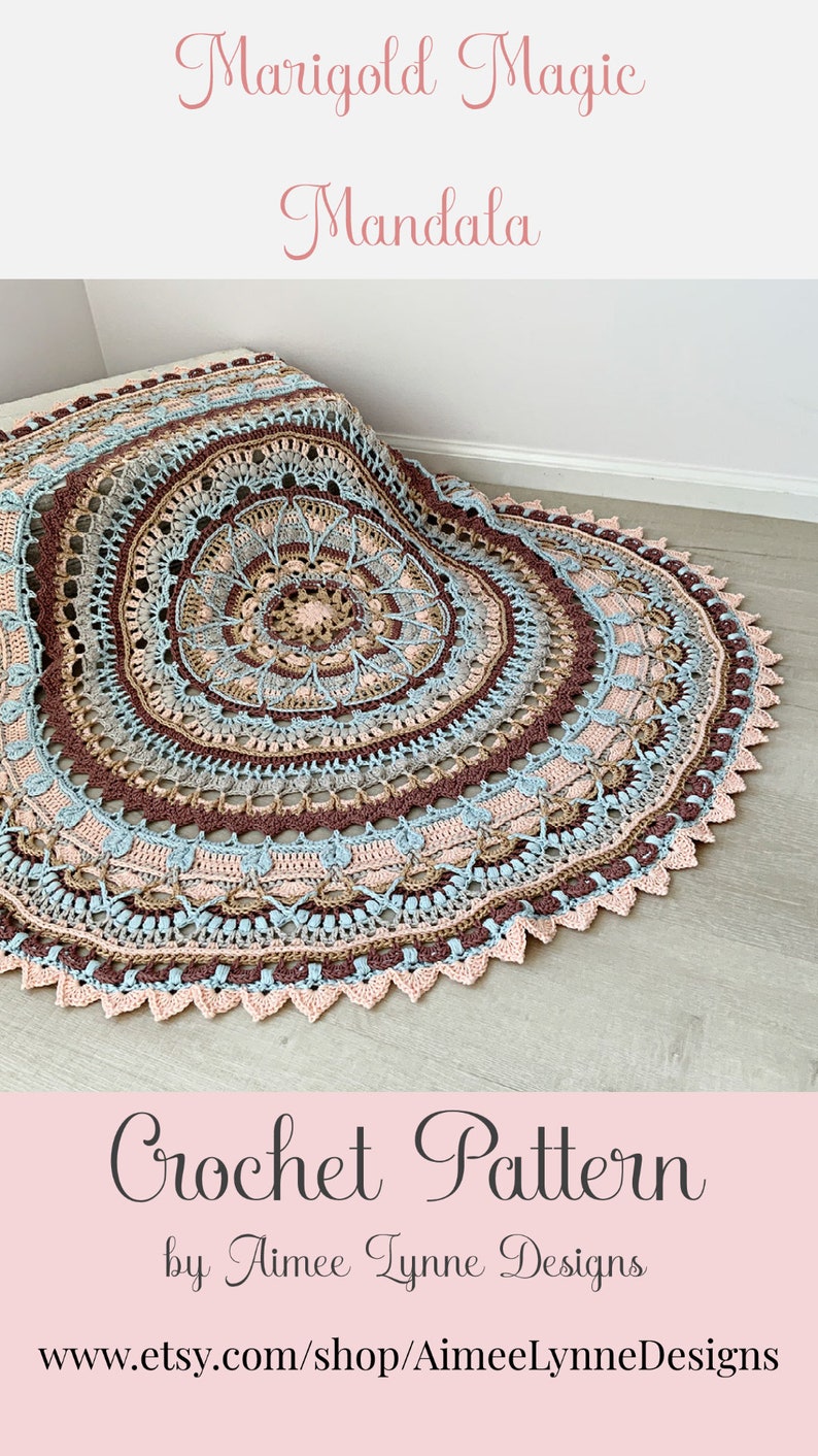 May include: Crochet pattern for a Marigold Magic Mandala. The mandala is a large, circular design with multiple colors, including brown, beige, blue, and pink. The pattern is available for purchase on Etsy.
