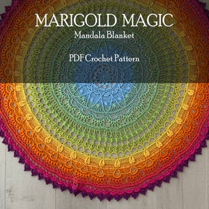 Crochet Mandala Blanket Pattern, Crochet Home Decor Throw, Crochet Table Cover, Marigold Magic Mandala Crochet Pattern image 1