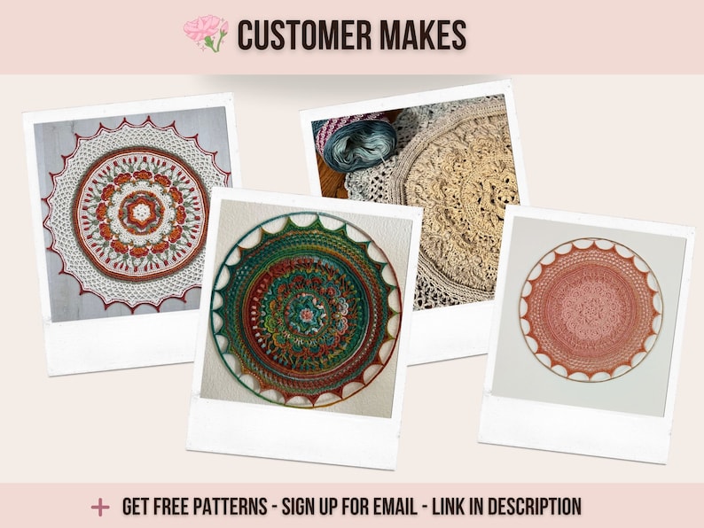 Pu&ograve; includere: Un collage di quattro mandala all'uncinetto circolari in varie palette di colori, tra cui rosso, bianco, verde, verde acqua e beige. Il testo CUSTOMER MAKES appare in alto, e GET FREE PATTERNS - SIGN UP FOR EMAIL - LINK IN DESCRIPTION in basso.