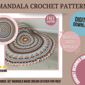May include: A crochet pattern for a large, round, multi-colored mandala. The mandala is made with brown, beige, and blue yarn. The pattern is called "Marigold Magic Mandala" and is available as a digital download. The image also includes a close-up of the finished mandala and a review rating of 5 stars with 191 reviews.