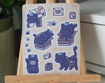 Black Cat Matte Sticker Sheet for Journals and Planners | Kawaii Black Cat Mail Time Stickers for Cat Lovers