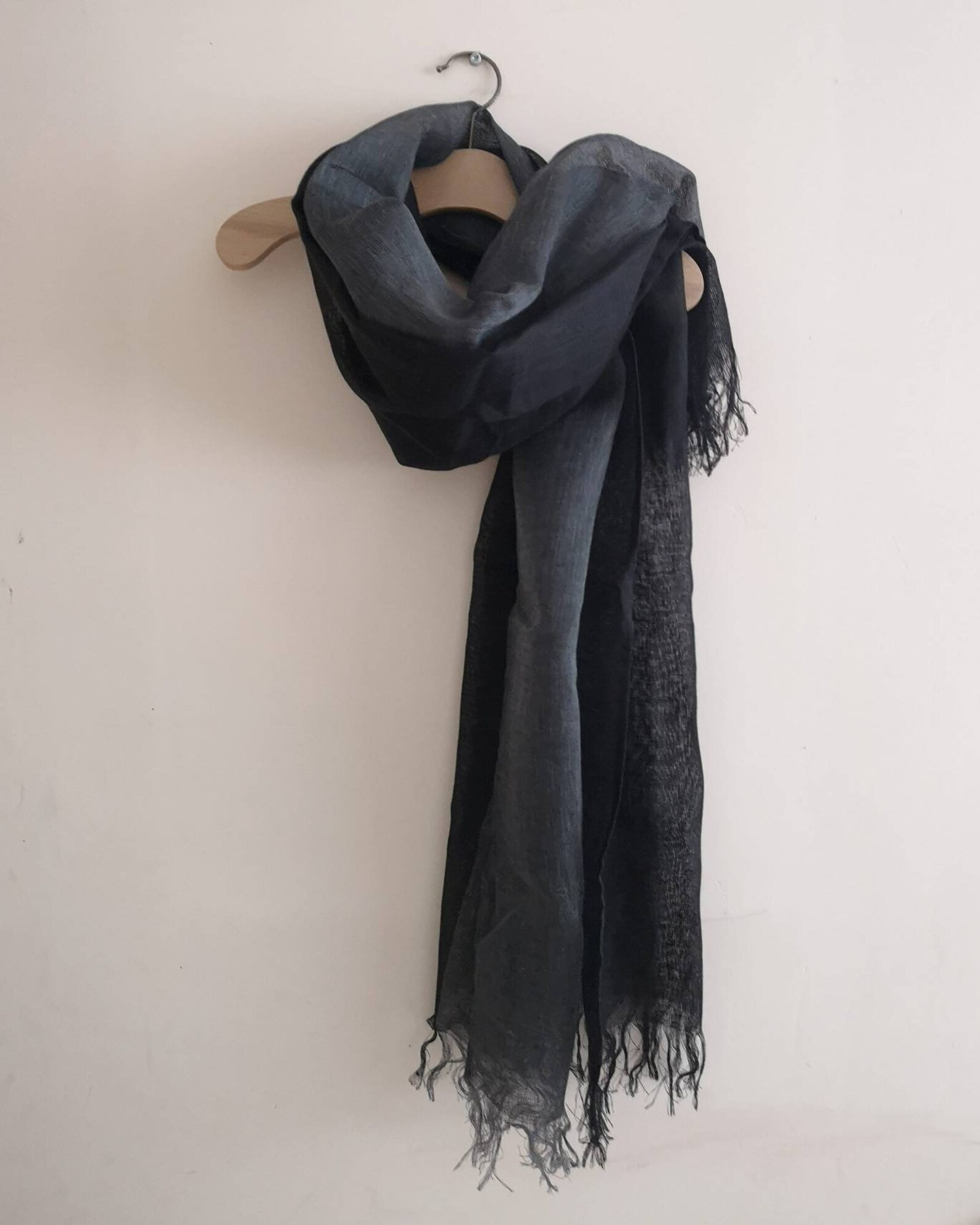 Buy Black Gary Natural Linen Scarf. Thin Linen Fringed Scarf. Online in ...