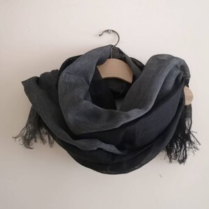 Black Gary Natural Linen Scarf. Thin Linen Fringed Scarf.