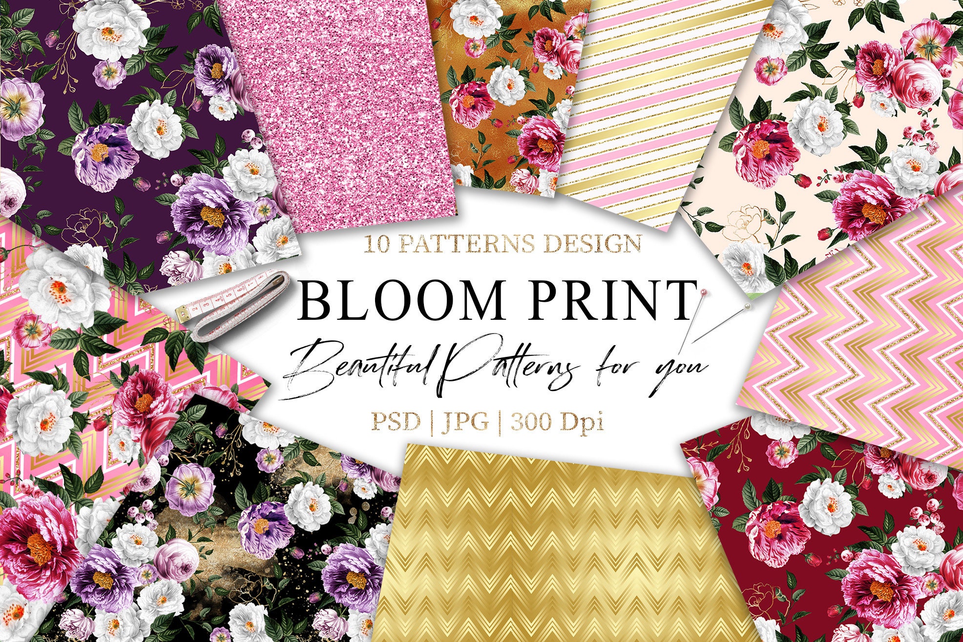 Download Bloom Print Violet And Gold Print Floral Bouquets Clipart Etsy