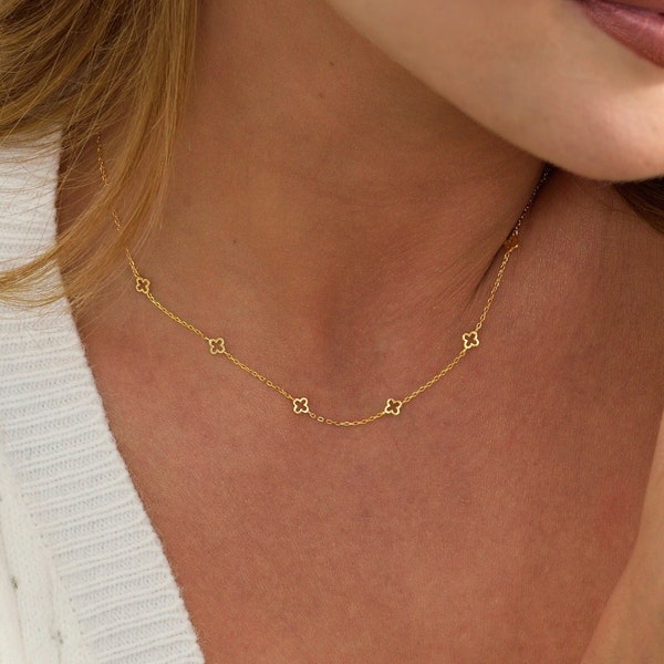 Mini clovers necklace 14k Gold four leaf clovers necklace lucky minimalist  necklace gold plated sterling silver Gift for her