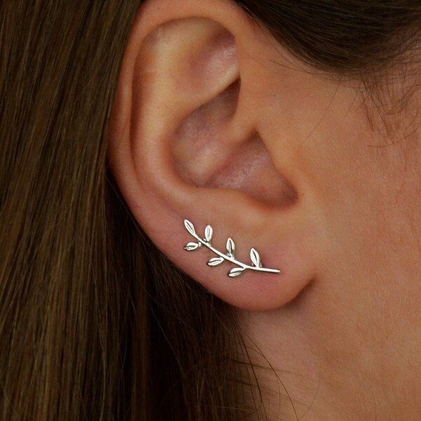 Leaf earrings Minimalist silver Leaf ear climbers Silver olive leaf earring leaf ear jacket delicate fine dainty ear cuff nature inspired