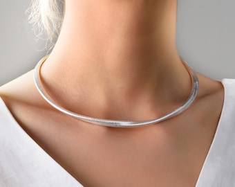 Torque necklace Silver choker necklace minimalist matte silver brushed open collar necklace adjustable twisted sterling silver plated