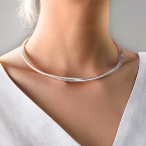 Torque necklace Silver choker necklace minimalist matte silver brushed open collar necklace adjustable twisted sterling silver plated