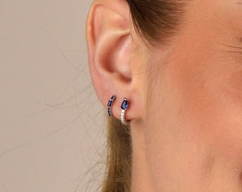 Silver blue hoops huggies earrings Royal Blue zirconia huggies hoops earrings gem small hoops earrings second piercing delicate blue tiny
