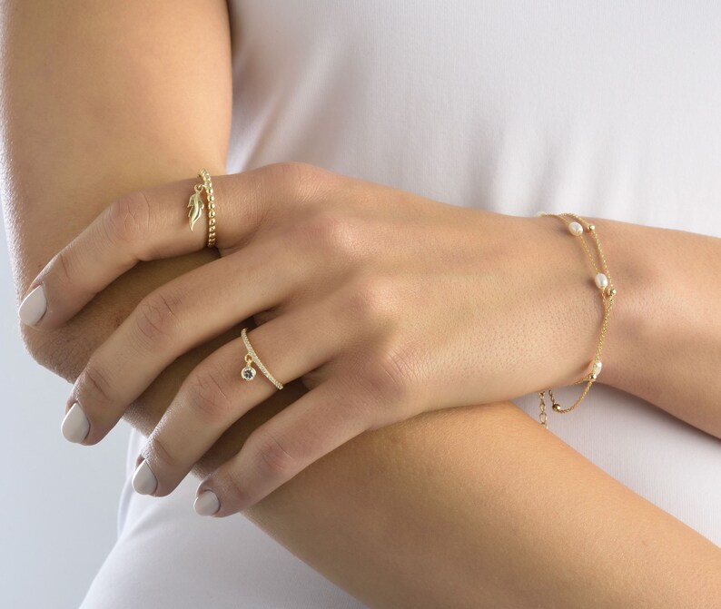 Gold feather ring Gold open ring tiny feather dainty delicate adjustable ring dot stacking stackable gold plated ring women/'s gift