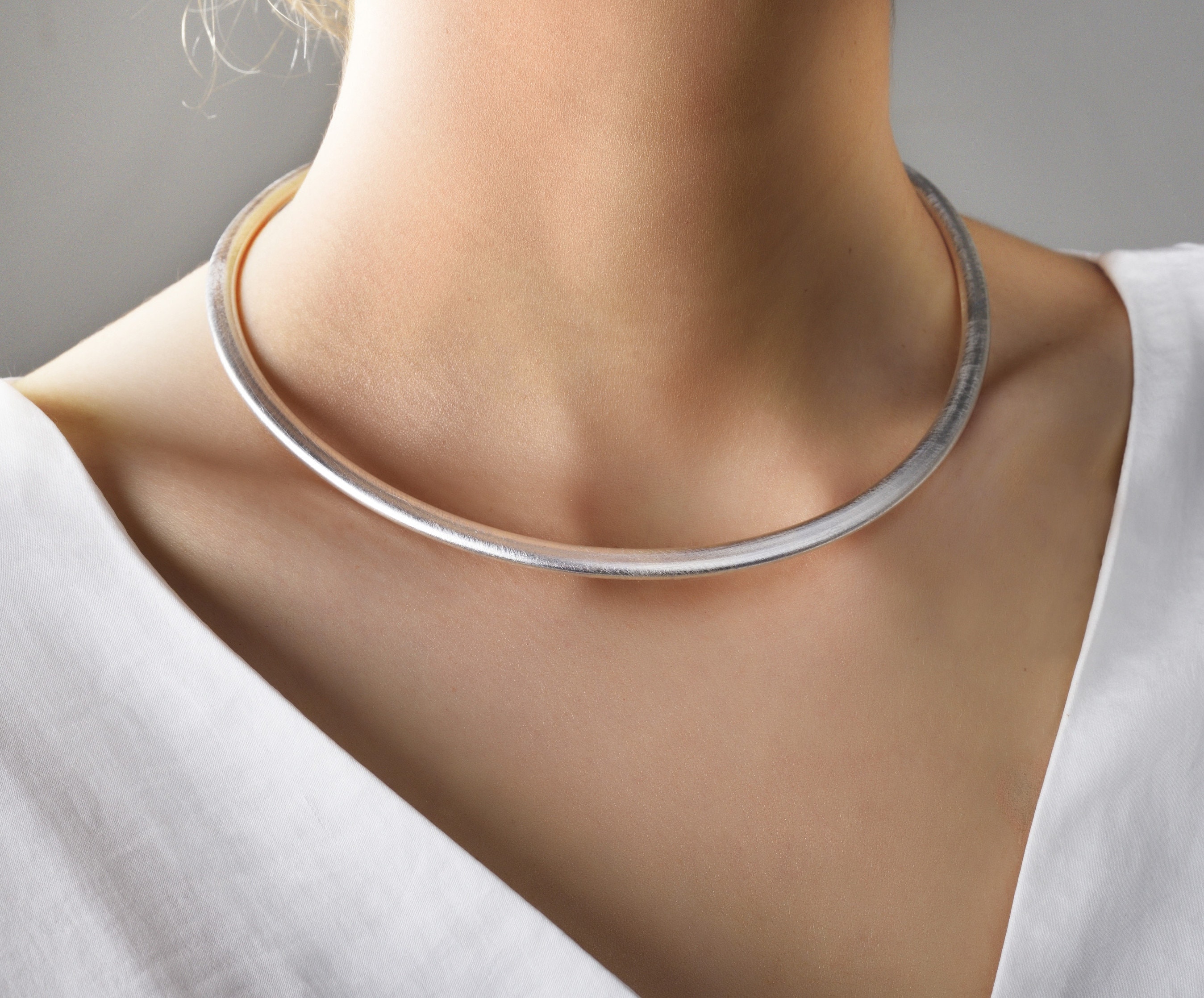 Silver Choker Necklace Collar Minimalist Matte Silver Statement