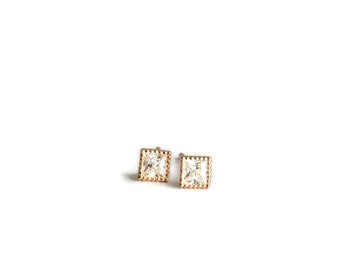 Cz Diamond studs earrings square zircon earrings minimalist cubic zirconia rose gold posts second piercing delicate earrings dainty