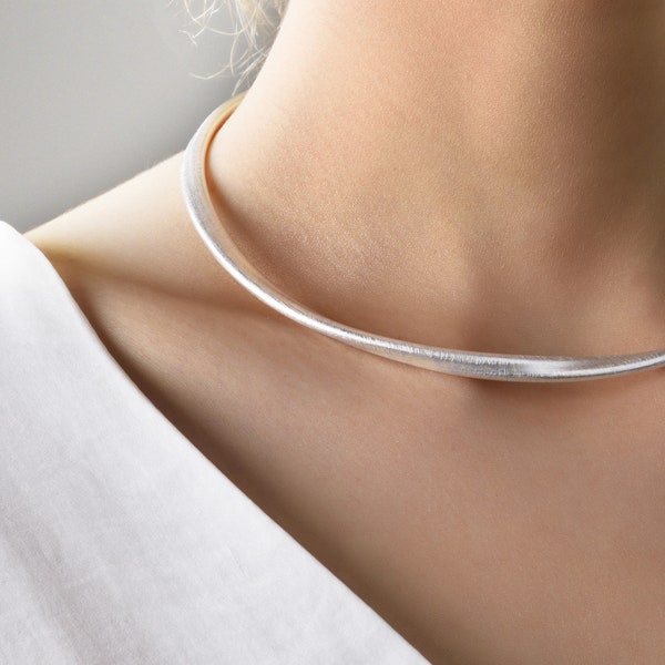 Silver choker necklace minimalist matte silver statement choker brushed open collar necklace adjustable twisted sterling silver plated