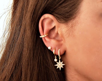 Diamonds Star huggies hoops earrings zircon and pearl Stars huggies hoops earrings Gold Stars earrings dangles hoops celestial earrings