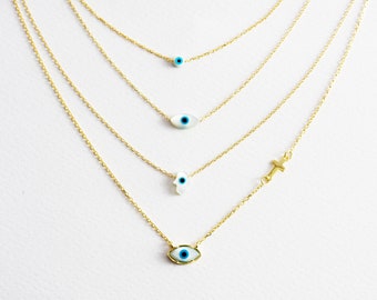 14k gold Mini evil eye necklace Blue Eye necklace Choker Hamsa pearl eye choker silver choker lucky necklace Gift for her