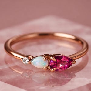 Dainty Opal and Ruby Toi Et Moi Ring, Pear Cut Two Stone Engagement Ring, Rose Minimalist Stacking Ring, October and July Birthstone Ring