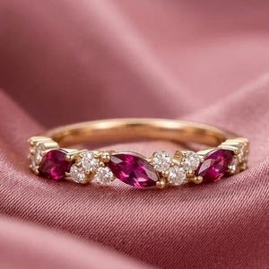 Ruby Marquise Cluster Band, Red Stone Stackable Ring, Gold Plated Wedding Band, Vintage Style Anniversary Ring, July Birthstone Gift