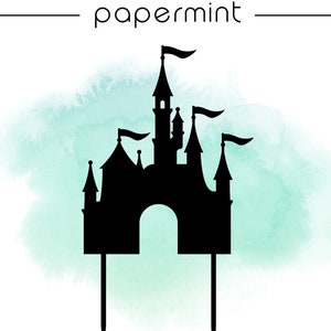 May include: Black silhouette of a castle cake topper with flags on top. The castle is on a white background with a light green watercolor wash.