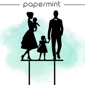 May include: Black silhouette of a family of four, a mum, dad, and two children, holding hands. The family is standing on a white background with a light green watercolour wash behind them. The text "peppermint" is at the top of the image. The text ".svg .eps .dxf .pdf .png" is at the bottom of the image.