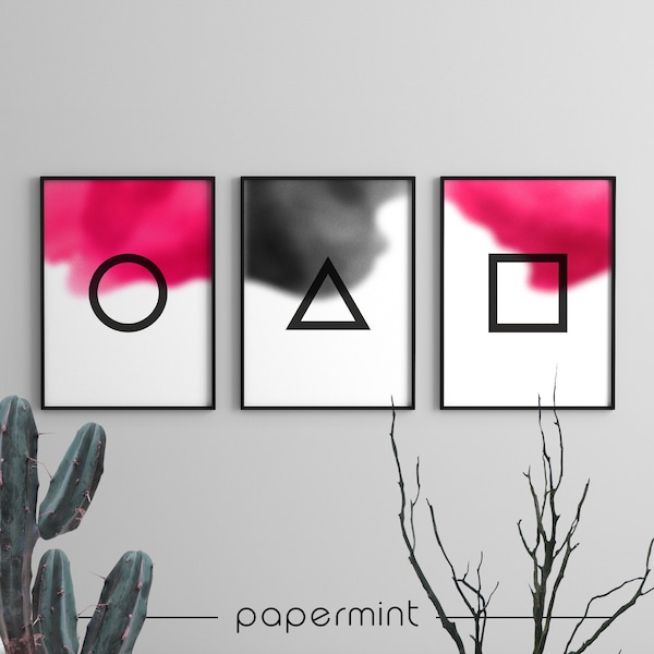 Squid Game Poster - Set of 3 Prints, Digital Wall Art, Downloadable, Instant Download, Magenta & Black Posters, Fashion, Geometric