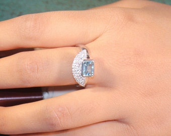 Aquamarine Ring Half Moon Sterling Silver Ring Natural Gemstone Gift Ring  Bluestone ring