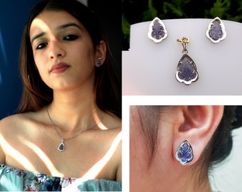 Iolite Earring & Pendant Set in Sterling Silver. 6.40 CTS Iolite carved . Handmade Jewelry.