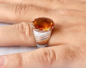 Citrine Crown Ring for Men in 92.5 Sterling Silver 1 piece / Gemstone jewelry/Far size Stone/11.30 cts