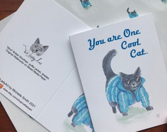 Cool Cat Greeting Notecard, Puffer Jacket, Shades + Sticker
