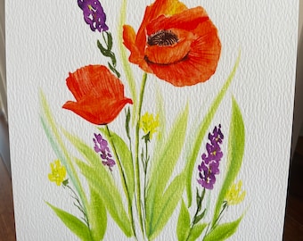May include: Watercolor painting of red poppies and purple flowers with green leaves on a white background. The painting is signed "M. West '23".
