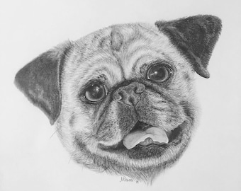 Pug Drawing, Pug Portrait, Original Art