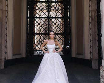 Vestido de novia princesa ALBA, lujoso vestido de novia corte A de satén con hombros descubiertos y corsé de cintura baja, vestido de novia de cuento de hadas