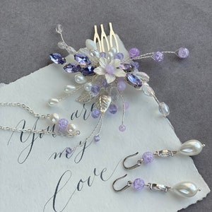 Lilac bridal jewelry set, Lavender hair comb, Lavender hair piece, Lavender wedding, Wedding jewery set