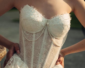 Vestido de novia de encaje, vestido de novia de encaje con hombros descubiertos, corte A, corsé, elegante encaje de hadas estilo boho, vestido de novia marfil personalizado, ADELINE