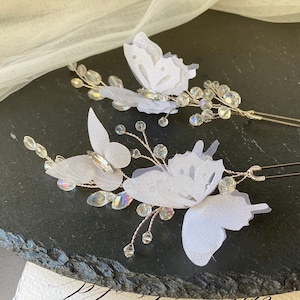 Wedding headpiece butterflies floral hair pins, Butterfly hairpiece, Butterflies flower hair clip, White silk flowers hair accessories