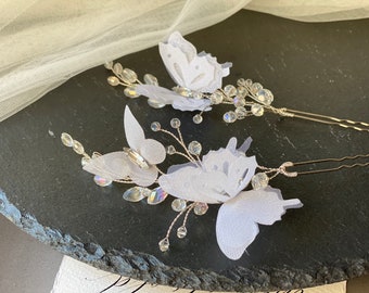 Wedding headpiece butterflies floral hair pins, Butterfly hairpiece, Butterflies flower hair clip, White silk flowers hair accessories