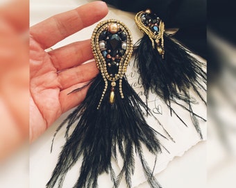 ukraine shops,Long earrings, Black long feather earrings, Feather earrings Black, Gift for her , Embroidered dangle earrings, Royal earrings
