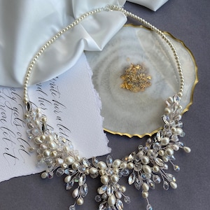 Silver Crystal Freshwater Pearl Bridal Necklace, Pearl Rhinestone Wedding Necklace, Ivory Statement Necklace, Crystal Necklace