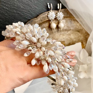 Bridal headband crystal and pearl, Crystal hair tiara, Crystal silver wedding headband, Crystal headpiece, Wedding hair crown