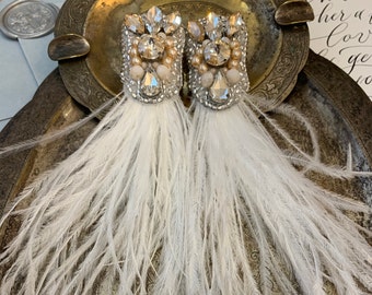 Long white wedding earrings with feathers and beige crystals, Bridal beige long feather earrings with embroidered beaded top