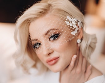 Petite birdcage veil with headpiece, Silver Crystal Birdcage Veil, Ivory cage veil, Silver Crystal Bird Cage Bridal Veil