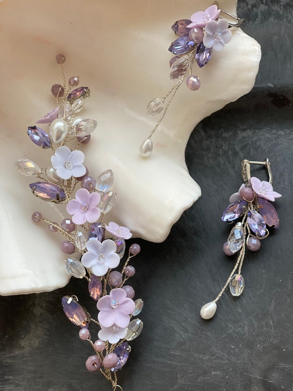 Lavender wedding jewelry set Violet jewelry ser Lilac bridal Etsy