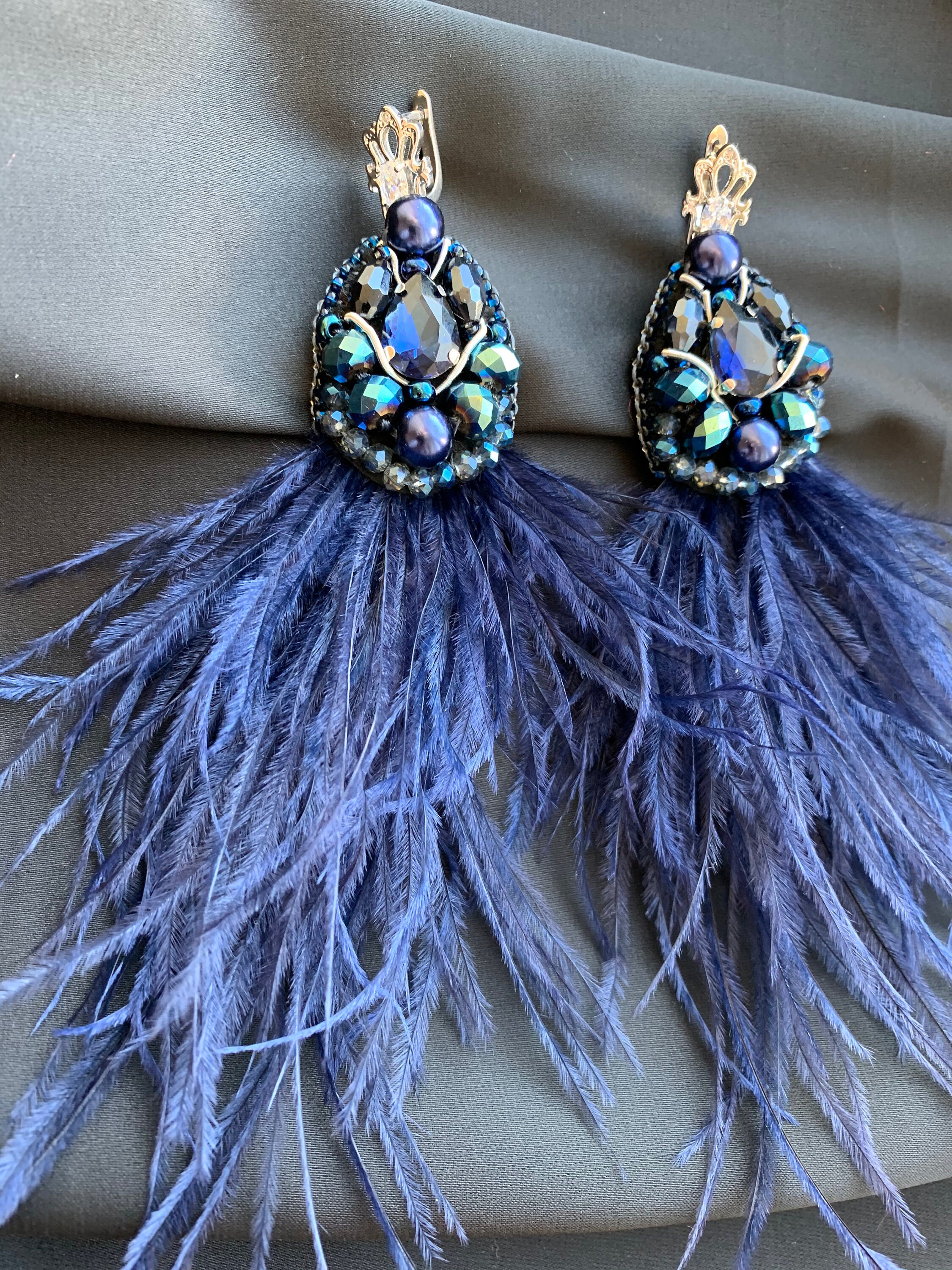 Blue long ostrich feather earrings Dangle woman fashion | Etsy