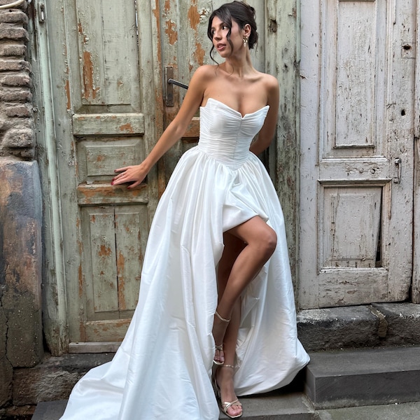 Unique Wedding Dress, Minimalist Bridal Gown with Corset, Ivory Dress for Bride, Short or Long Balloon Skirt