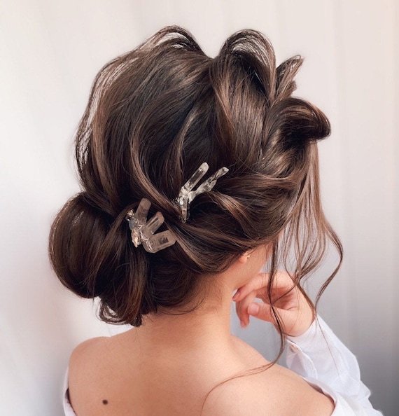 Clear Crystal Quartz Hairpin Comb Updo Accessory Bridal hair pin set, Crystal feather burst hair comb - Style  main image 4
